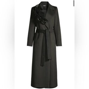 NWT UNGARO WOMEN'S CODY FLORAL EMBELLISHED WRAP COAT IN BLACK 55% WOOL
